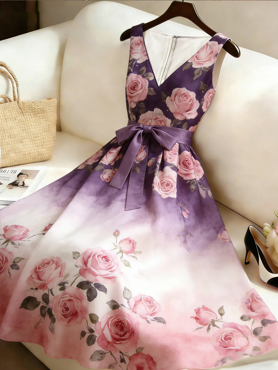Retro Style Floral Art Print V-Neck Sleeveless Cotton Maxi Dress